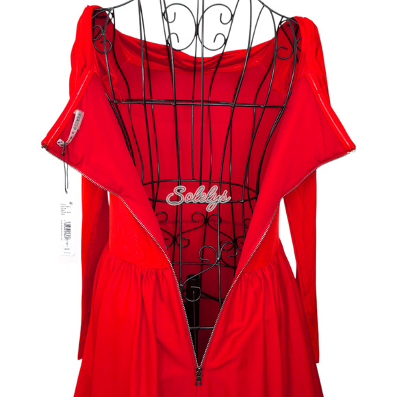 Alice + Olivia Chara Flared Midi Dress Off the Shoulder Bright Ruby Red 4 - Picture 10 of 16